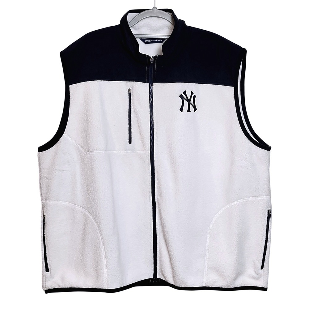 Cutter & Buck New York Yankees Mens XXL Fleece Vest White Navy Blue Full Zip New